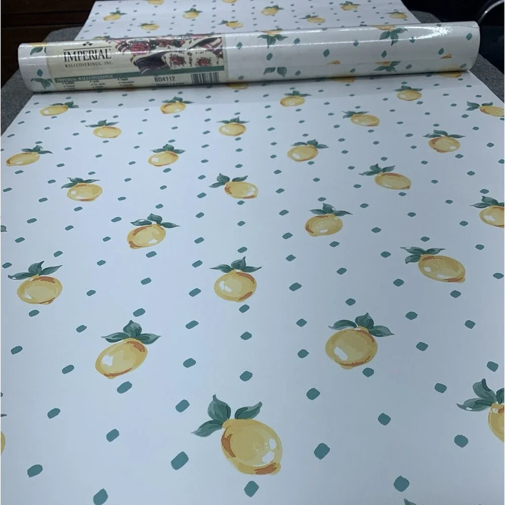 Vintage Wallpaper Citrus Lemons Green Leaves Fruit on White Background.